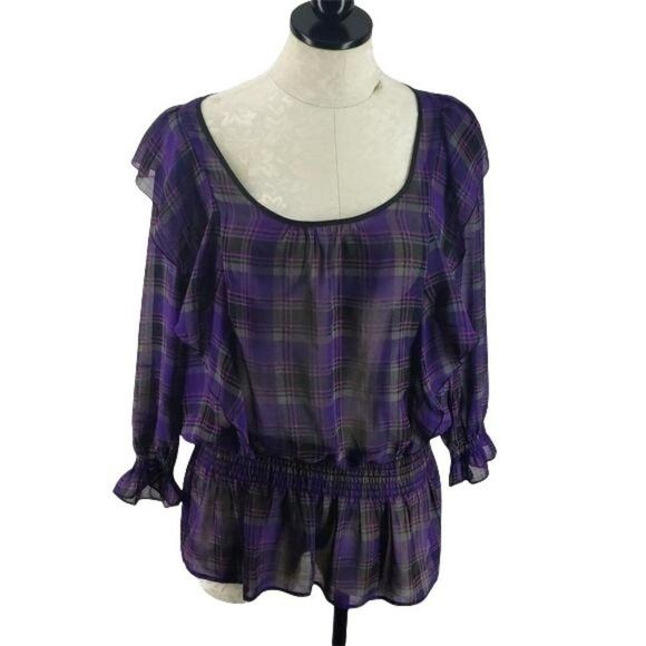 Candies‎ Purple Plaid Drop Waist Sheer M Blouse - Picture 1 of 6